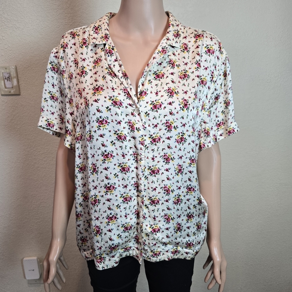 Calvin Klein Floral Print Blouse Size Xl Short Sleeve Button Up